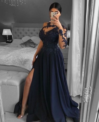 Navy Blau Abendkleider Mit Ärmel | Spitze Abiballkleider Lang Günstig