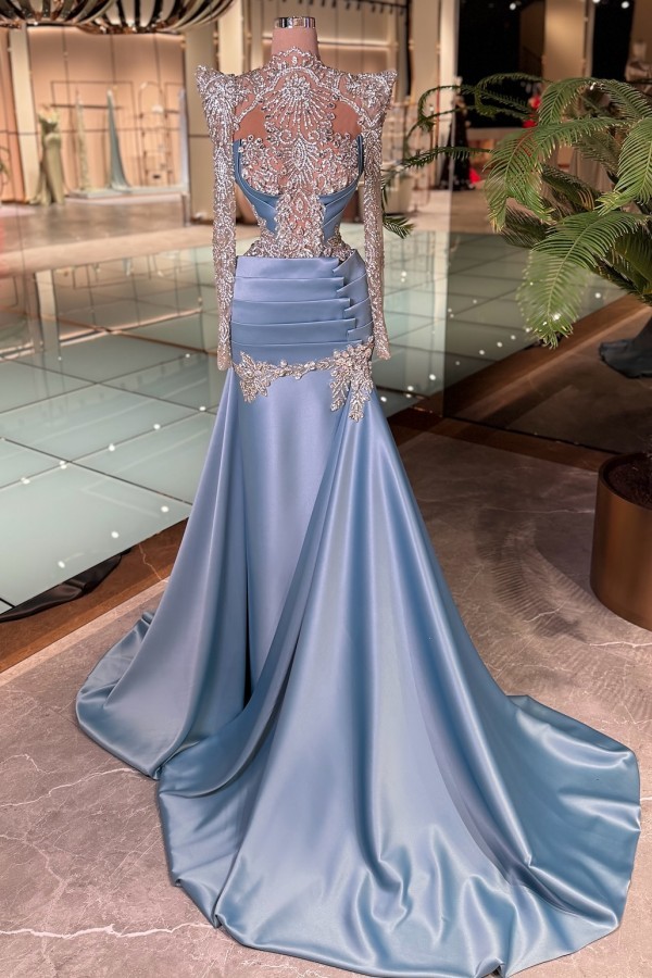 Dusty Blaue Abendkleider Lang Glitzer Ballkleider mit Ärmel