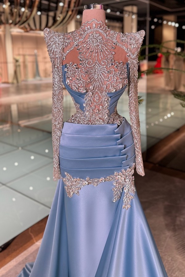 Dusty Blaue Abendkleider Lang Glitzer Ballkleider mit Ärmel