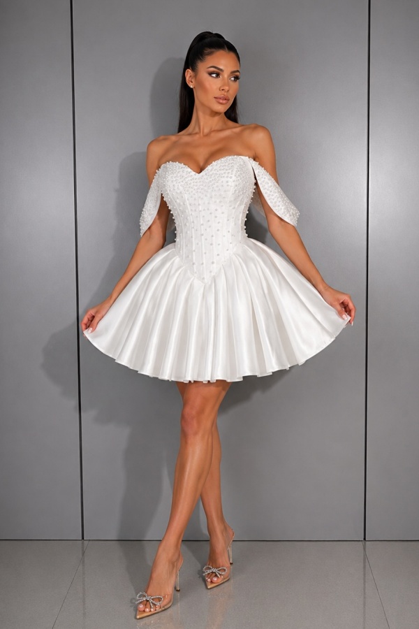 Designer Cocktailkleid Partykleider Weiß Kurzes Abendkleid mit Perlen