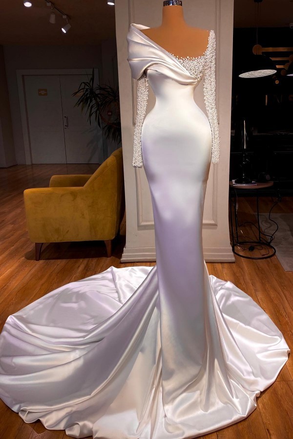 Elegante Ballkleider Lang Weiß Abendkleider Mit Ärmel Perlen