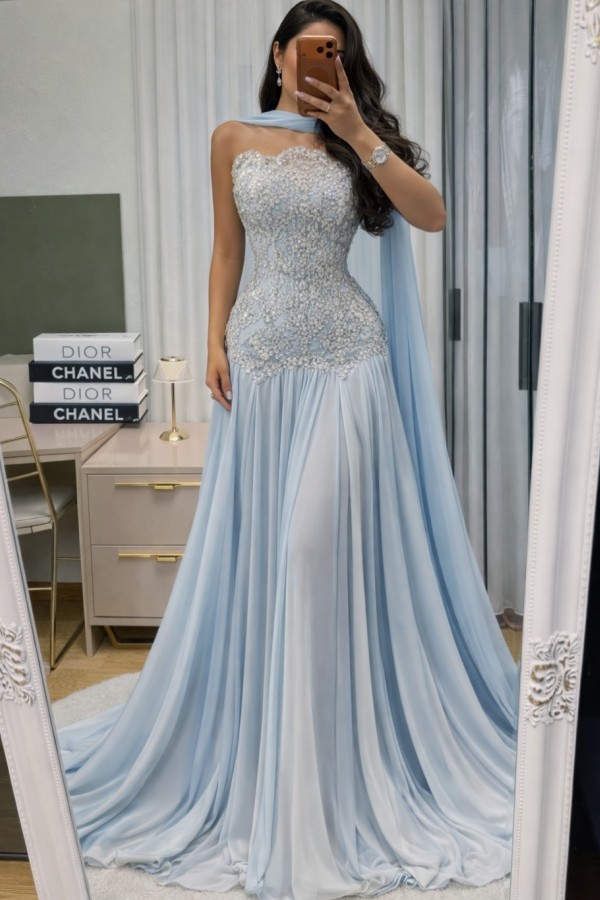 Himmel Blau Abendkleid Lang Mit Spitze Chiffon Ballkleid Günstig