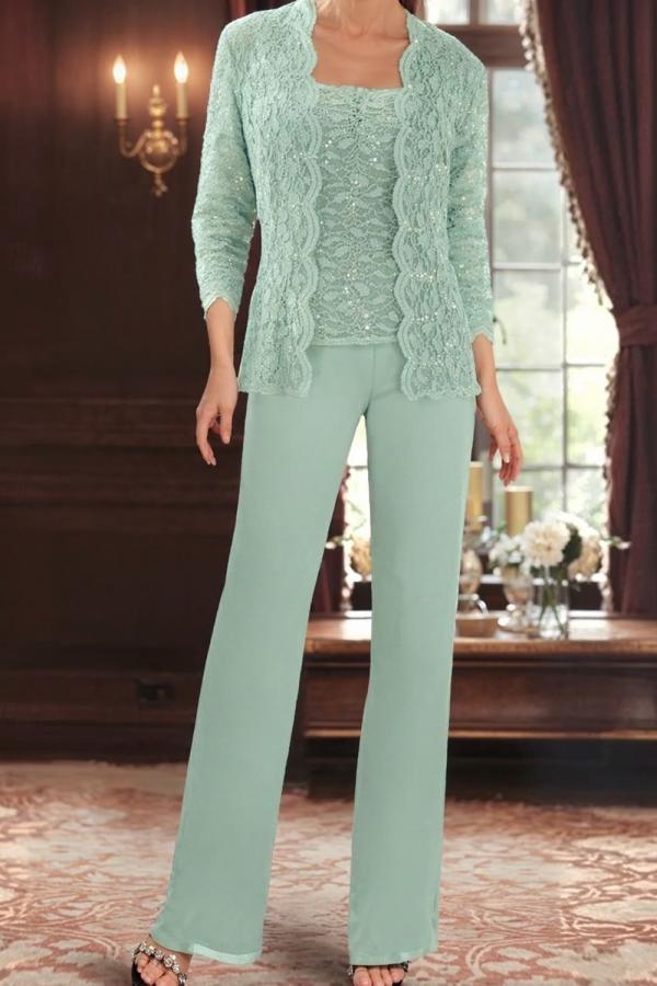 Mint Grün Summer Brautmutterkleider Hosenanzug mit Spitze Jacke