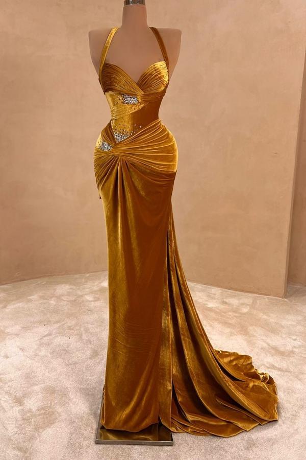Schöne Abendkleider Lang Gold Velvet Abiballkleider Meerjungfrau-babyonlinedressde