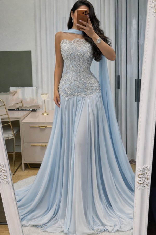 Himmel Blau Abendkleid Lang Mit Spitze Chiffon Ballkleid Günstig