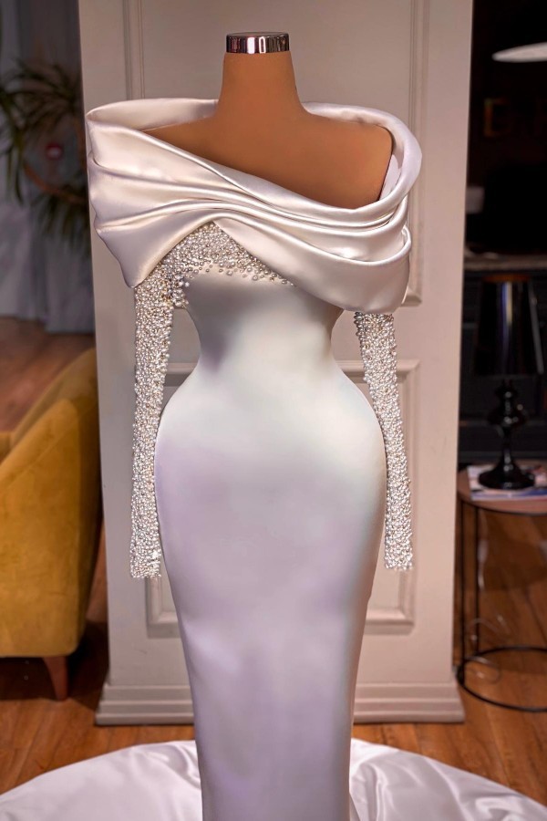 Elegante Weiße Abendkleider lang Mit Ärmel Ballkleider Mit Perlen