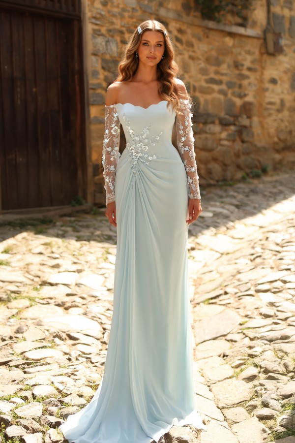 Blaue Abendkleider Lang Chiffon Ballkleider mit Glitzer