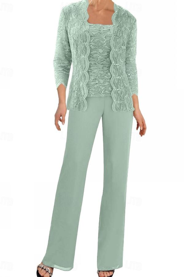 Mint Grün Summer Brautmutterkleider Hosenanzug mit Spitze Jacke