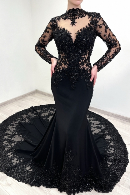 Gothic Hochzeitskleider Schwarz Meerjungfrau Stil Spitze Brautkleider Mit Ärmel