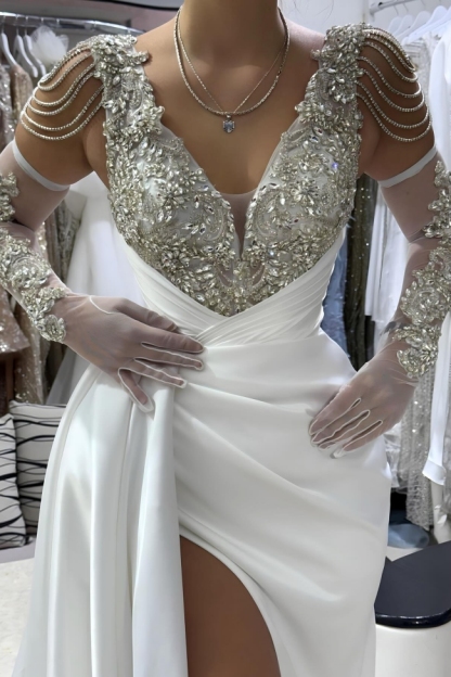 Weiße Ballkleider Lang Glitzer Abiballkleider Abendkleid mit Ärmel