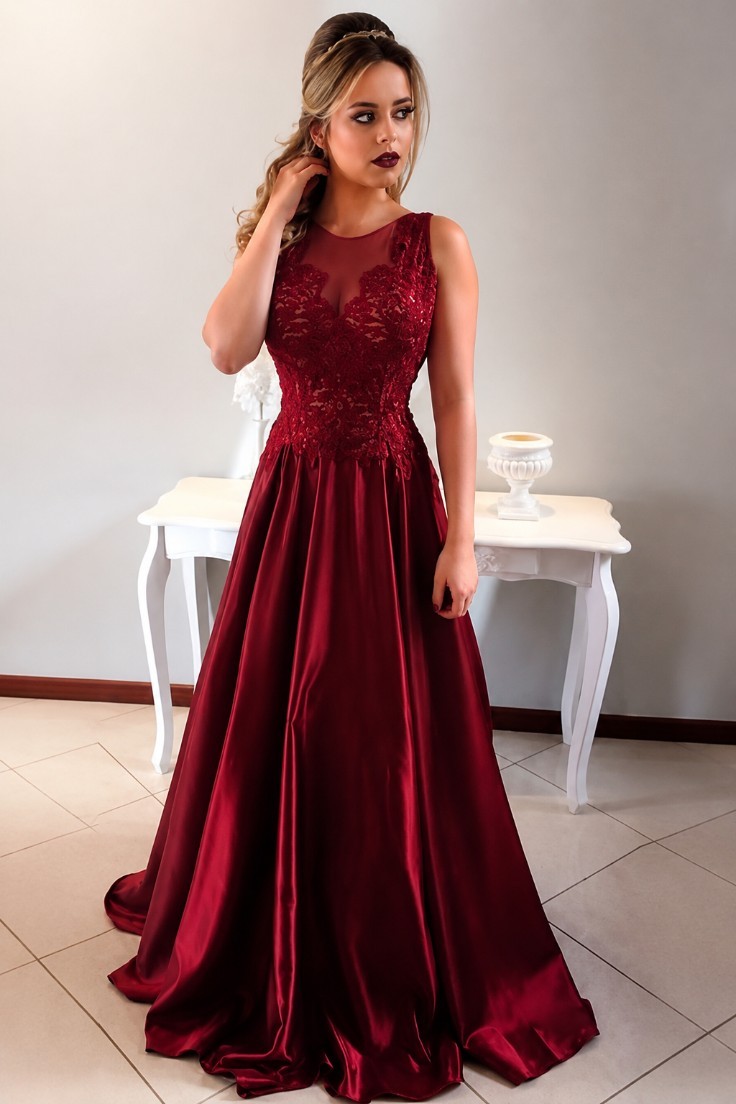 Weinrot Abendkleider Lang Günstig Mit Spitze A Line Satin Abiballkleider Online