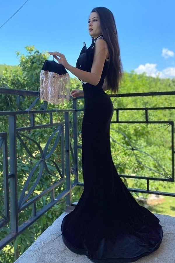 Designer Abendkleider Lang Schwarz Velvet Abendmoden Meerjungfrau
