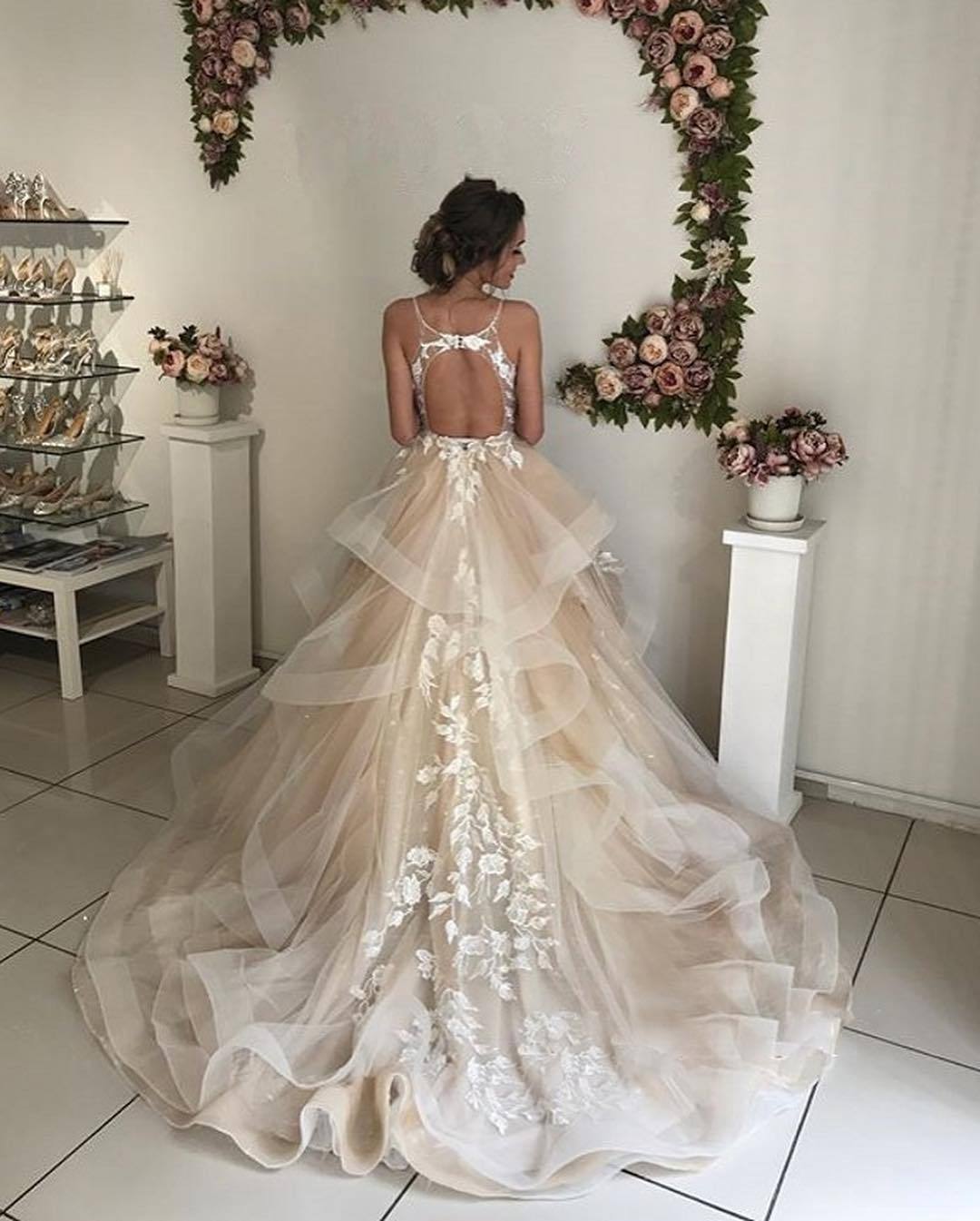 Elegante Brautkleider A linie | Champagne Hochzeitskleider mit Spitze