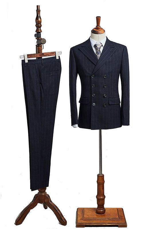 Carl Formal All Black Striped Double Breasted Tailored Business Suit-babyonlinedressde