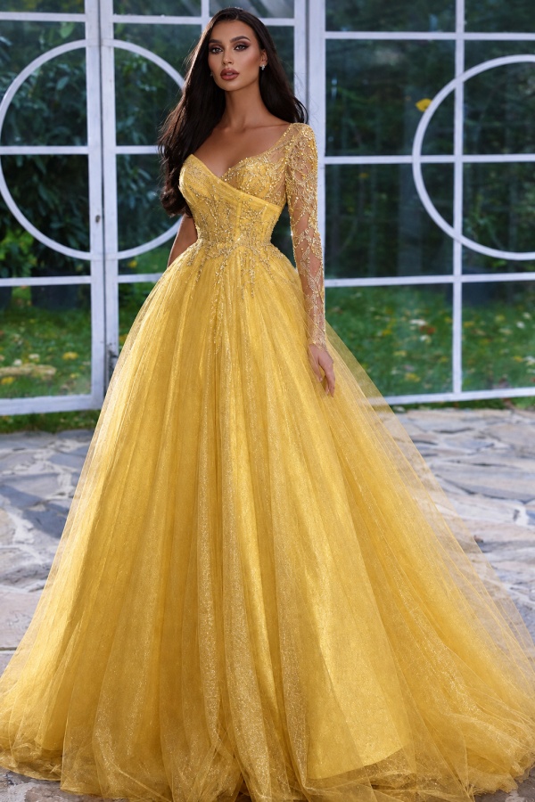 Designer Abendkleid Lang mit Ärmel | Gelb Abiballkleider Mit Glitzer