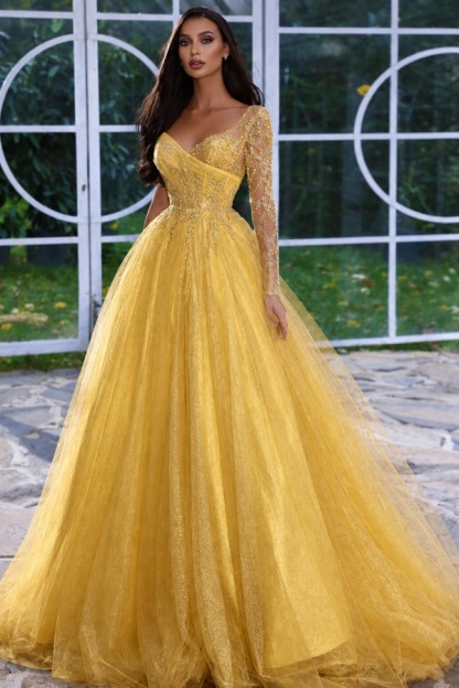 Designer Abendkleid Lang mit Ärmel | Gelb Abiballkleider Mit Glitzer