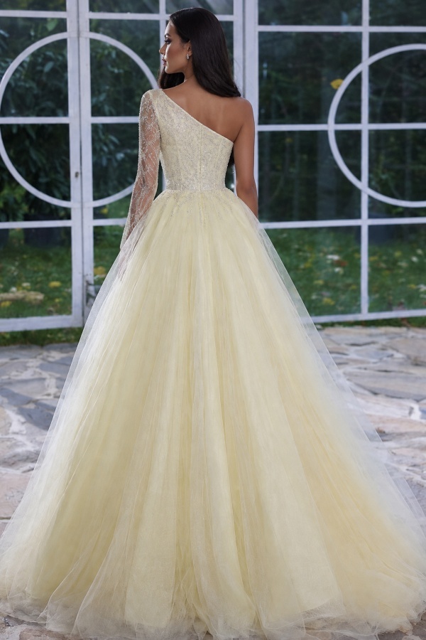 Designer Abendkleid Lang mit Ärmel | Gelb Abiballkleider Mit Glitzer