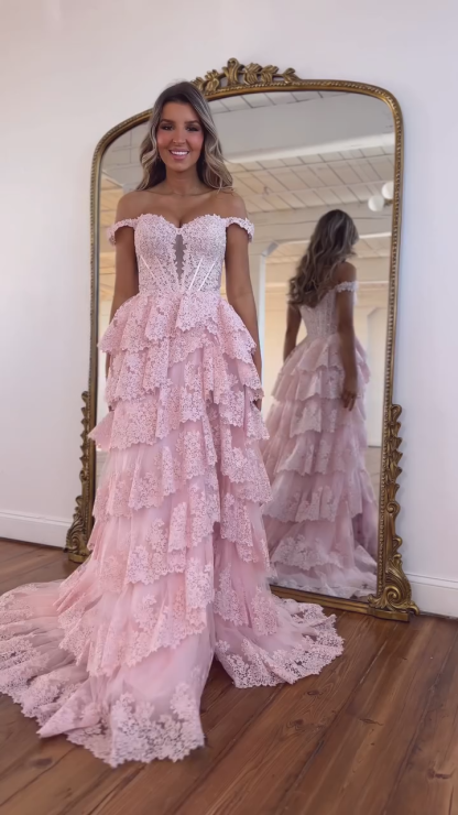 Rosa Ballkleider Lang Spitze A Linie Abendkleider Abiballkleid