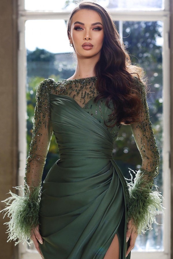 Olive Grün Abendkleider Lang Mit Ärmel Ballkleid Glitzer Online