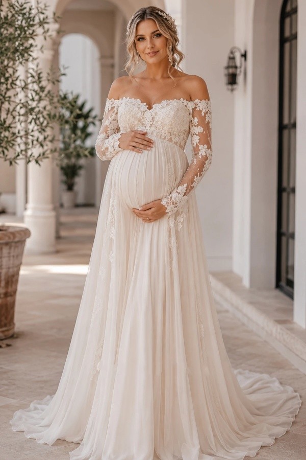 Boho Brautkleider A Linie Mit Spitze Schwangere Hochzeitskleider mit Ärmel