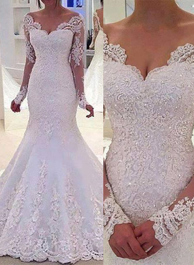 Lang Ärmel Brautkleider Weiß Spitz Meerjungfrau Rückenfrei Brautmoden Hochzeitskleider Nachmäßig-babyonlinedressde