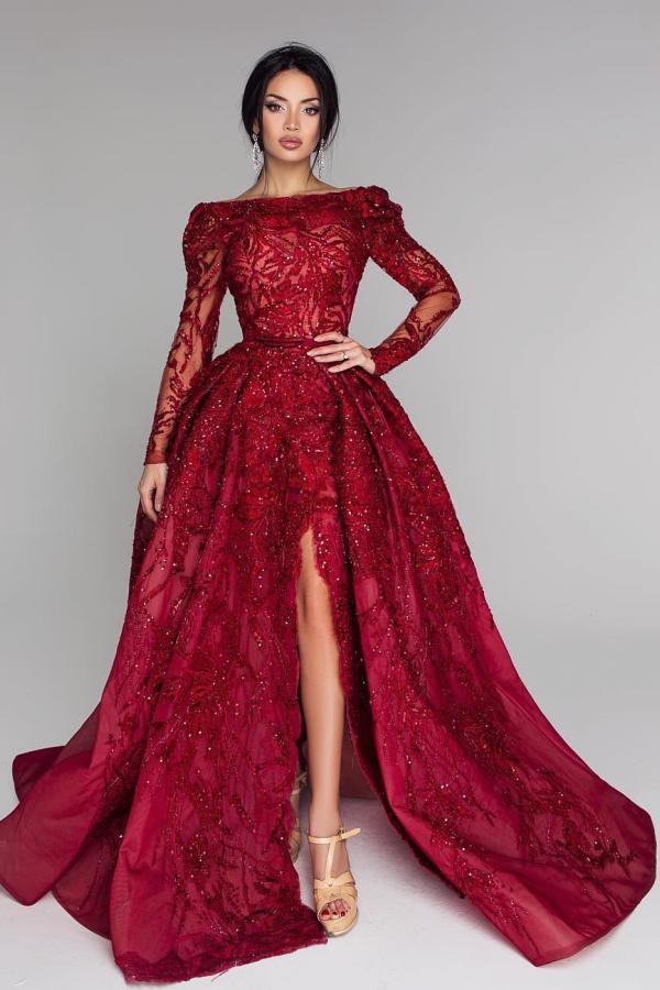 Luxus Abendkleider Mit Ärmel | Spitze Abiballkleider Lang Rot-babyonlinedressde