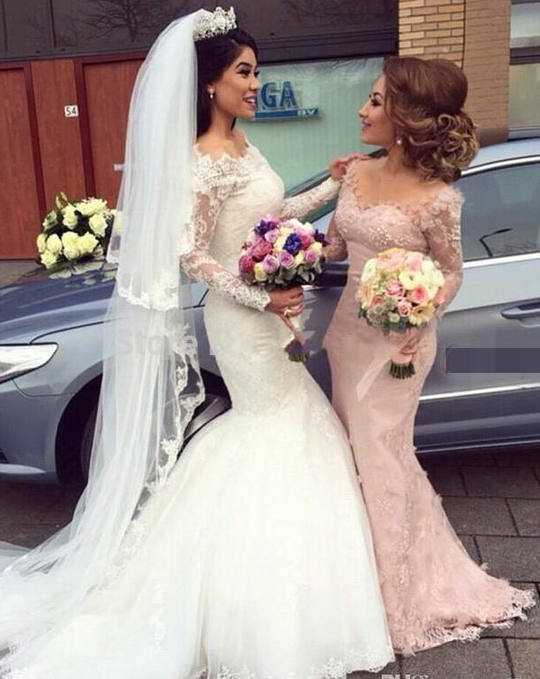 Rosa Brautjungfernkleider Lang Ärmel Spitze Meerjungfrau Kleider Für Brautjungfern-babyonlinedressde