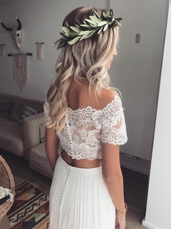 Schlicht Brautkleider Mit Spitze Kurze Ärmel 2 Teiliger Hochzeitskleider Chiffon