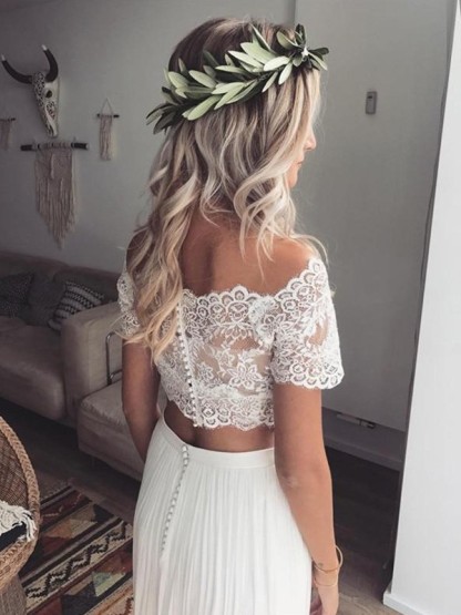 Schlicht Brautkleider Mit Spitze Kurze Ärmel 2 Teiliger Hochzeitskleider Chiffon