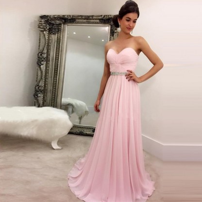 Rosa Abendkleider Lang Günstig Herz Ausschnitt Chiffon Abiballkleider Online