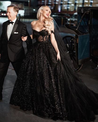 Schwarze Hochzeitskleider Glitzer | Brautkleider A Linie Mit Spitze
