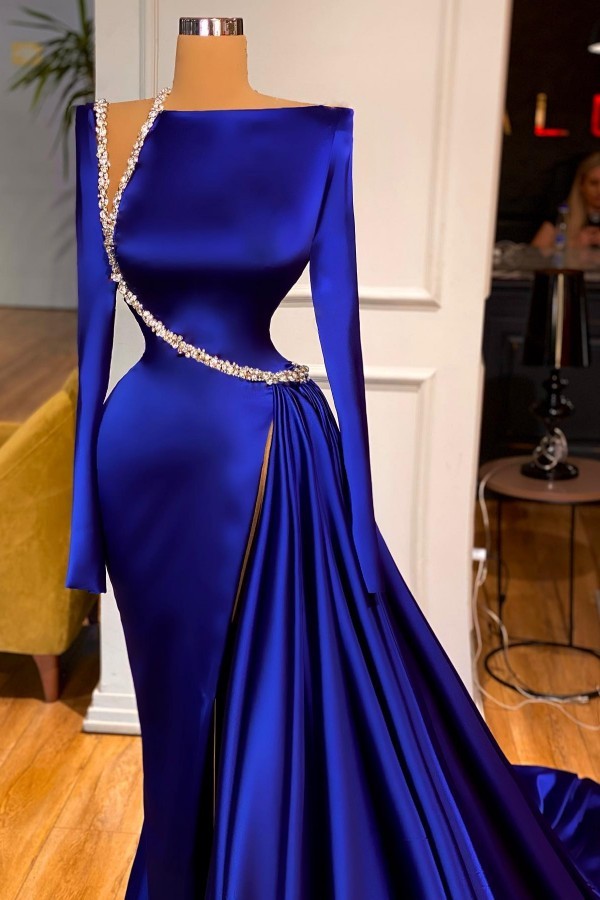 Elegante Ballkleider Lang König Blau Abendkleider Glitzer mit Ärmel