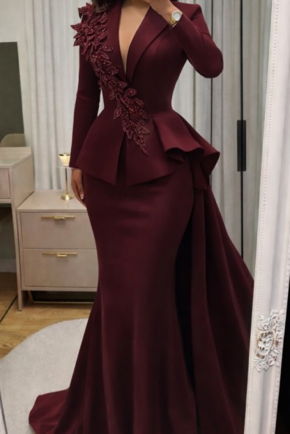 Elegantes Blazerkleid Weinrot Damen Abendkleider Lang Mit Glitzer