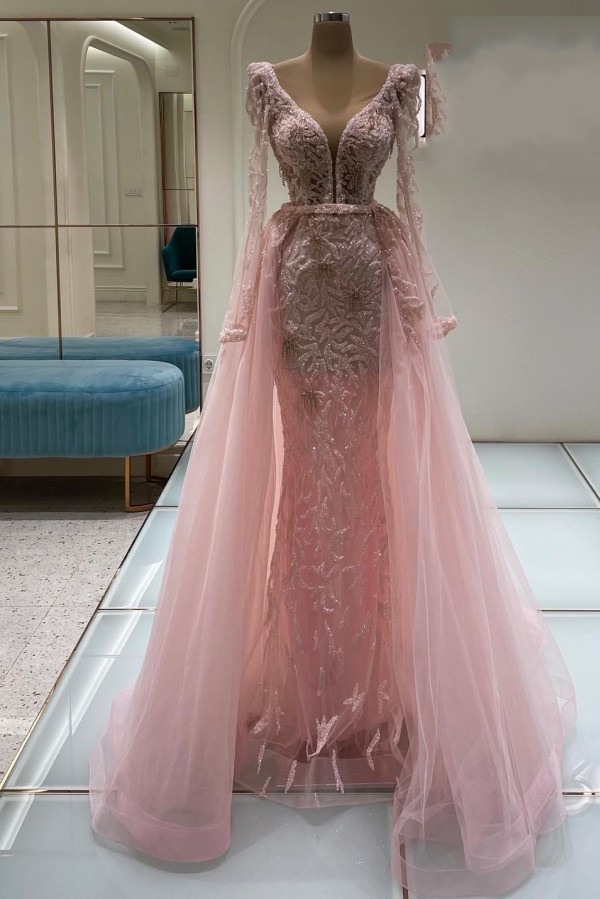 Rosa Ballkleider Spitze Mit Ärmel Abendkleider Lang Glitzer