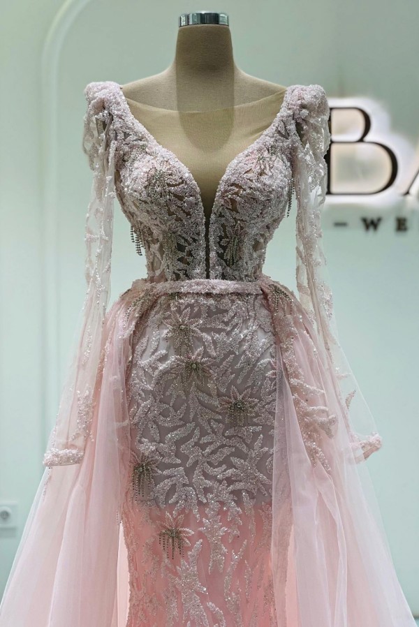 Rosa Ballkleider Spitze Mit Ärmel Abendkleider Lang Glitzer