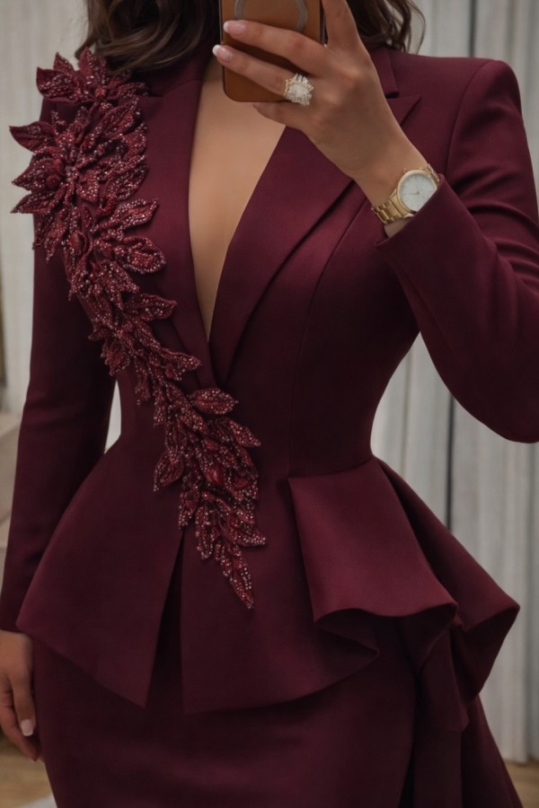 Elegantes Blazerkleid Weinrot Damen Abendkleider Lang Mit Glitzer