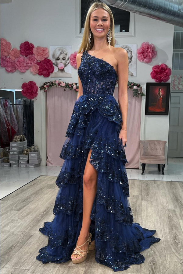 Navy Blau Abendkleider Lang Günstig | Abiballkleider mit Glitzer