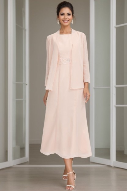 Perlen Rosa Brautmutterkleider Kurz Chiffon Mit Jacke Hochzeitsgästkleider