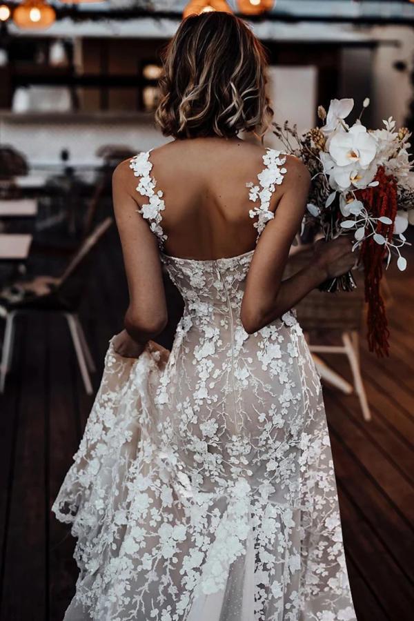 Champagne Hochzeitskleider A Linie Spitze Boho Brautkleid Online