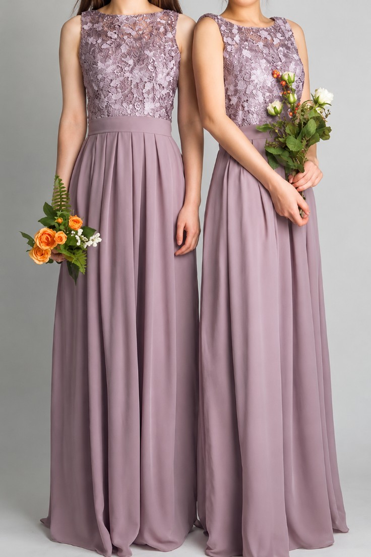 Altrosa Brautjungfernkleider Lang Günstig Spitze Chiffon Kleid Für Brautjungfern