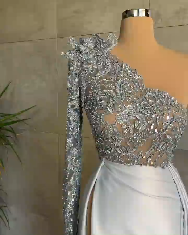 Silber Ballkleider lang Spitze Abiballkleid Abendkleid Glitzer