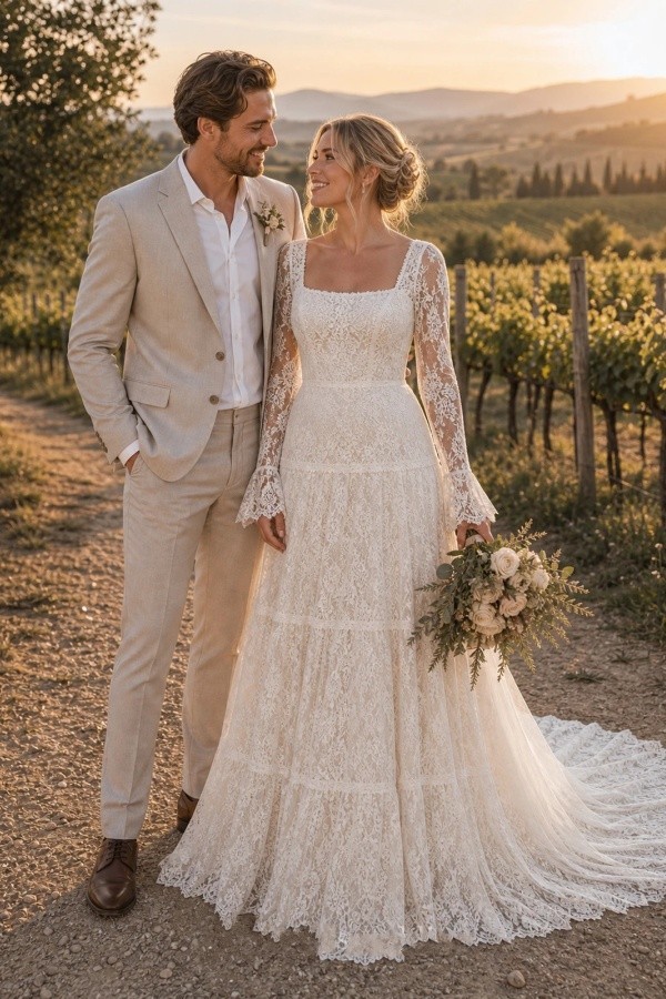 Designer Brautkleider A Linie Spitze Hochzeitskleider mit Ärmel