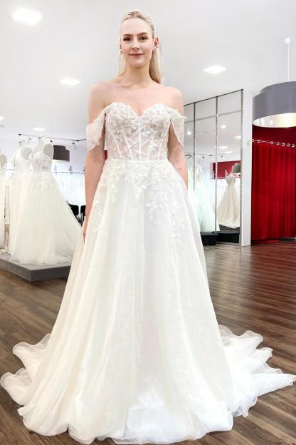 Elegante Brautkleider A Linie Tüll Hochzeitskleider mit Spitze