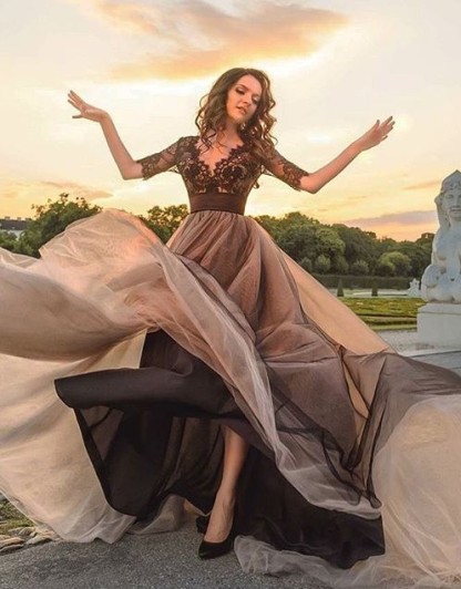 Elegante Abendkleider Schwarz Mit Spitze Ärmel Abendkleid Lang Günstig