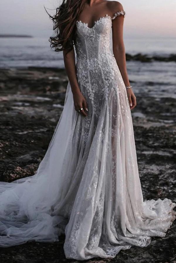 Boho Hochzeitskleider Strand A Linie Brautkleider Spitze Günstig