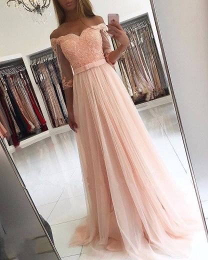 Elegante Abendkleider Lang Rosa Mit Ärmel Abendmoden Spitze Günstig-babyonlinedressde