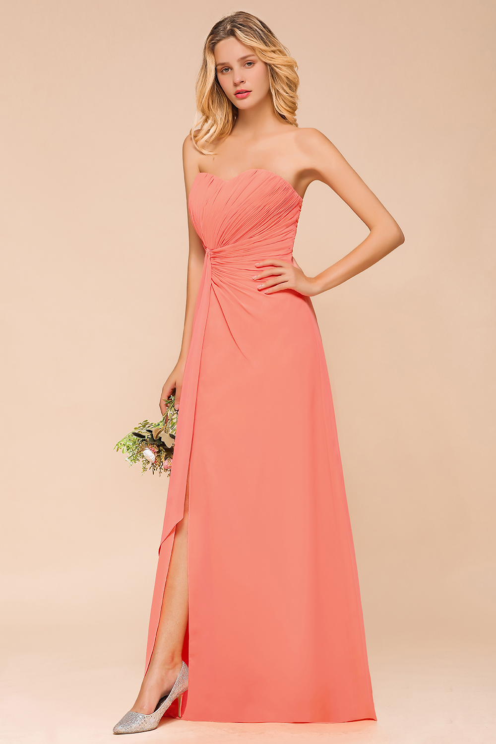 Coral Brautjungfernkleider Lang Chiffon | Kleider für Brautjungfern