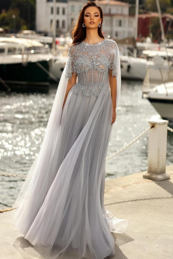 Elegante Abendkleider Lang Silber Ballkleider mit Glitzer