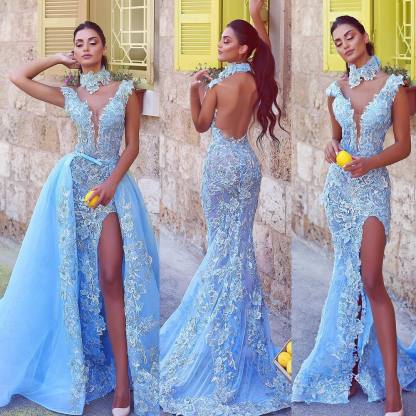 Designer Abendkleider Blau | Abiballkleider Lang Spitze