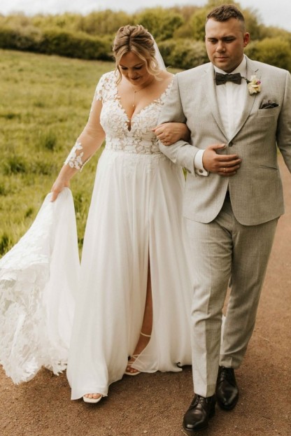 Sommer Hochzeitskleider Chiffon Mit Ärmel Brautkleider Mit Spitze